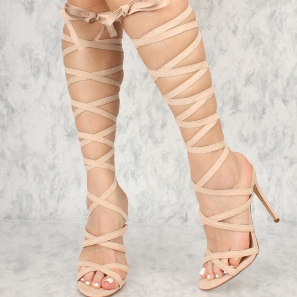 Sexy Nude Lace Up Single Sole High Heels Faux Sued